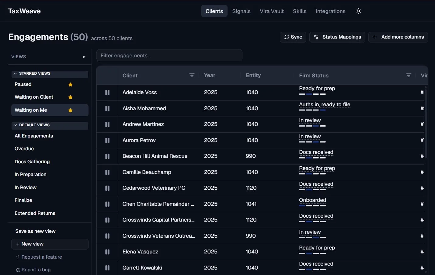 Engagements list showing 50 clients with year, entity type, and firm status, alongside saved views for paused, waiting on client, and waiting on me.