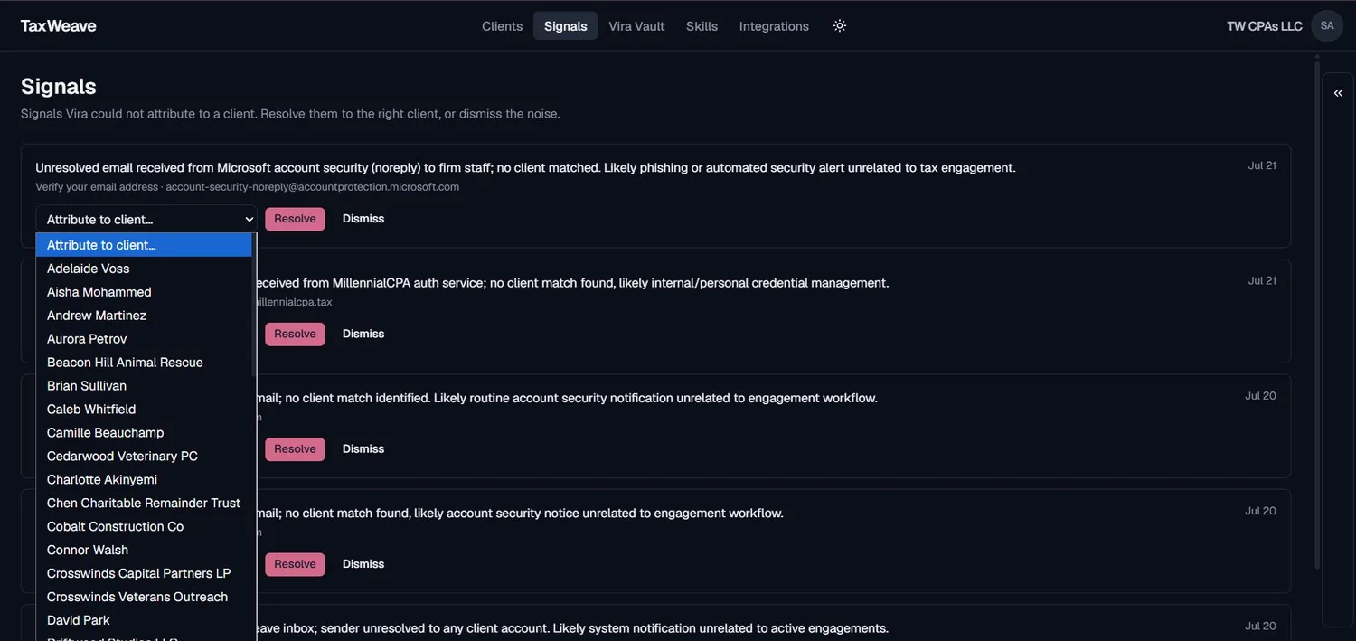 Signals page listing emails that could not be attributed to a client, each with a dropdown to assign it to the right client or dismiss it as noise.