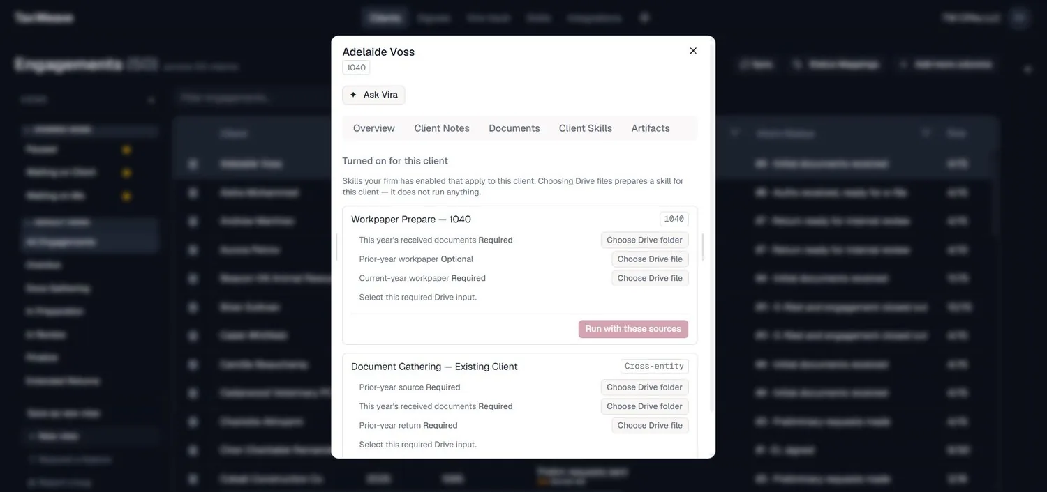 Client skills tab showing Workpaper Prepare for a 1040 with required and optional source inputs and a run button.