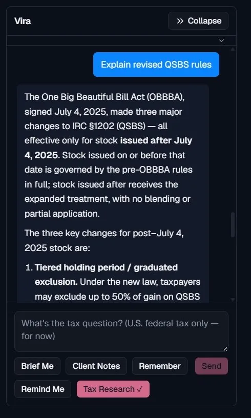 Vira panel answering a question about revised QSBS rules under the One Big Beautiful Bill Act, with the effective date and the tiered holding period explained.